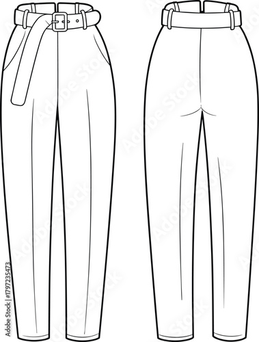 PrintTailored pants fashion sketch, technical drawing, front and back view, high waist trousers, pleated design, tapered leg, belt detail