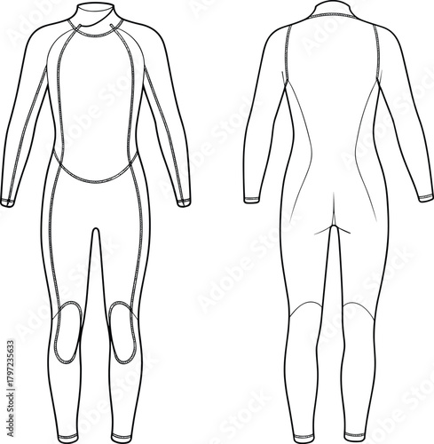 PrintTechnical flat sketch of full body wetsuit design with long sleeves, surf diving suit fashion illustration for apparel technical drawing template