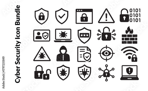 Cyber Security Icon Bundle. Digital Protection, Data Safety and Hacking Prevention Solid Vector Set. Virus and Firewall Concept.
