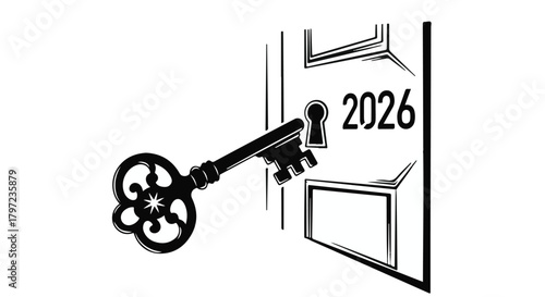 Ornate key unlocking the door to the new year 2026, symbolizing opportunity and future possibilities.