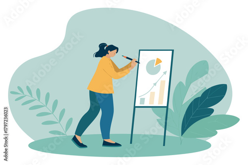 Focused employee meticulously plotting financial metrics on a dynamic chart board, showcasing business growth and strategic planning.