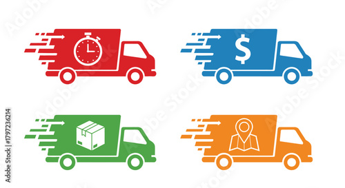Fast delivery trucks with clock money package and location icons displayed