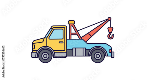 Simple illustration of a yellow and blue tow truck with a hook