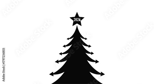 A black christmas tree silhouette with arrow shaped branches and a star labeled with the year two thousand