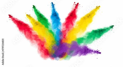 Colorful explosion of powder paint radiating outwards on a white background in a fan shape design