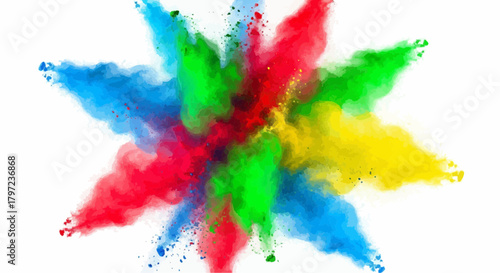 Colorful explosion of powder paint forming a star shape on a white background in a vibrant display of color