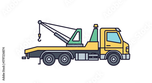 Cartoon illustration of a yellow tow truck with a lifting crane