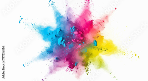 A vibrant explosion of colorful powder against a clean white backdrop in a dynamic composition
