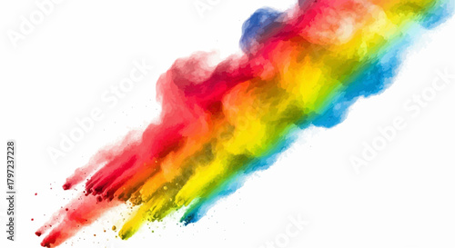 A vibrant rainbow colored smoke cloud diagonally across a white background with wisps and particles floating
