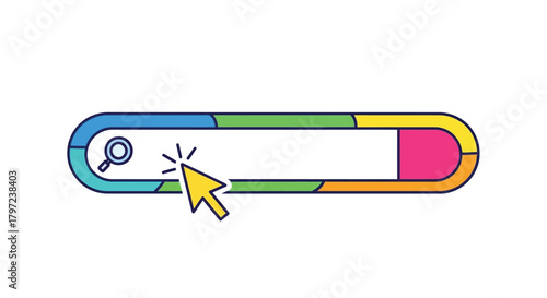 Colorful search bar with a magnifying glass and a pointing cursor