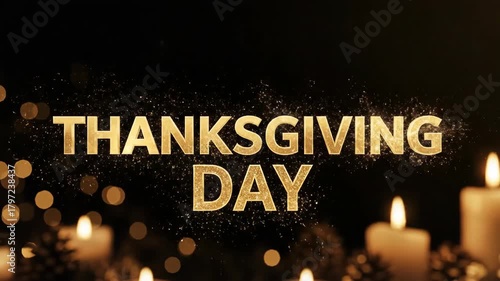 Golden Thanksgiving Day text with shimmering particles and warm candlelight for holiday greeting and celebration