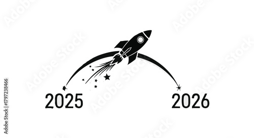 Rocket launch from year two thousand twenty five to two thousand twenty six on white background