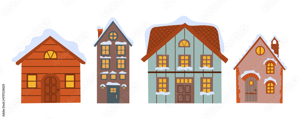 Fototapeta premium Country House in Winter Season with Chimney and Roof Covered with White Snow Vector Set illustration hand drawn flat illustration .