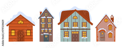 Country House in Winter Season with Chimney and Roof Covered with White Snow Vector Set illustration hand drawn flat illustration .