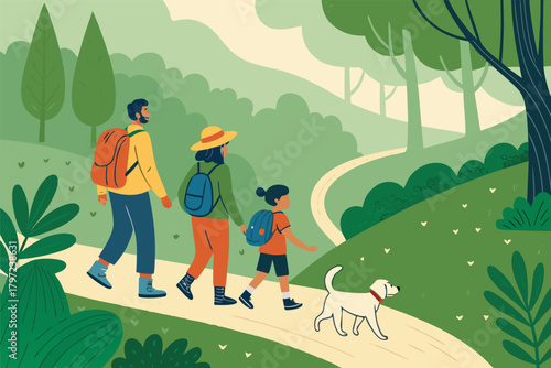 Joyful family hike parents, kids, golden retriever, sunlit forest trail, autumn foliage, adventure, bonding, outdoor fun, nature, healthy activity.