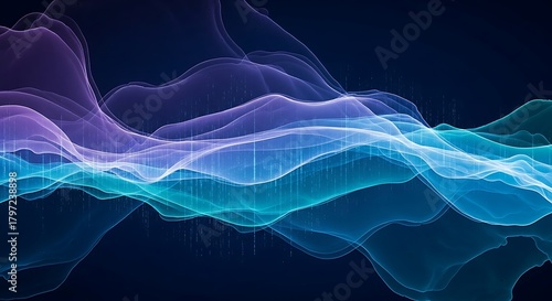 Abstract sound wave visualization with flowing lines and dots, creating a dynamic and futuristic representation of audio data on a dark background
