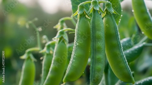 Captivating close-up of fresh green pea pods covered in morning dew in a sunny farm field