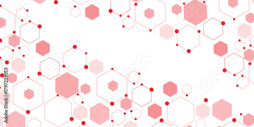 Abstract white background with red hexagons seamless pattern and geometric in vector design. Futuristic blue neon honeycombs. .Science network pattern, connecting lines and dots Medical background,