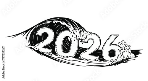 Illustration of the year twenty twenty six stylized with a wave in black and white style