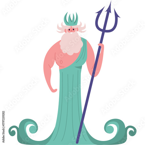 Mythological God Neptune Holding Trident Standing Above Wavy Water Cartoon Style Pink Skin And White Beard Wearing Teal Toga And Crown On Transparent Background