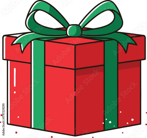 Bright red gift box with green ribbon and bow on a clean white backdrop