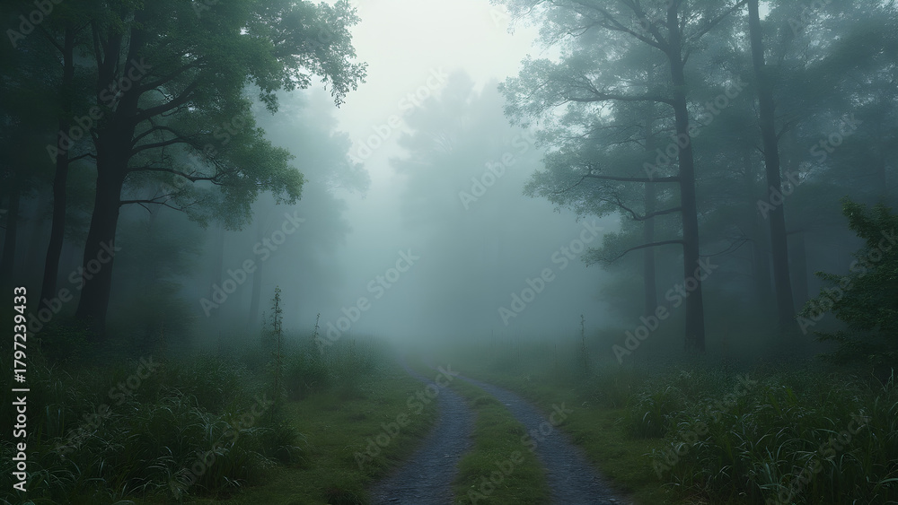 Obraz premium Fog rolling through a dense forest. Ultra-realistic forest fog images. Mysterious fog in woodland scenery. Captivating foggy forest landscapes.