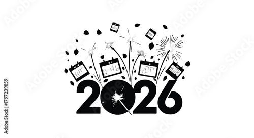 The year twenty twenty six with calendars and fireworks in black and white graphic design style