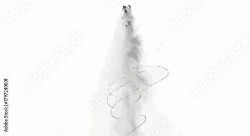 A smoke plume with a spiral line ascending against a white background in a digital rendering style