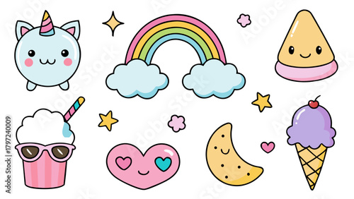 Kawaii sweet dreams vector elements set
