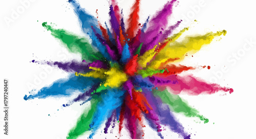 Colorful explosion of powder paint in a starburst pattern on a white background artistic representation