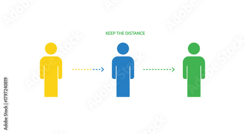 Social distancing illustration with three figures and dotted lines between them