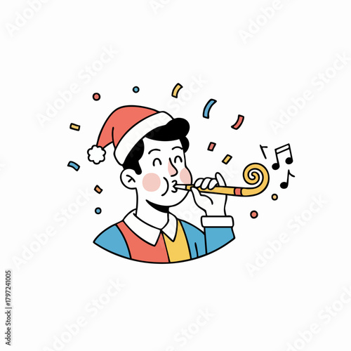 Vector illustration of a happy person blowing a party horn.