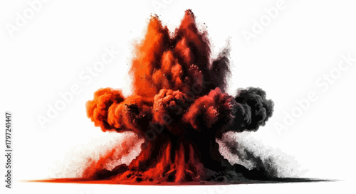 Artistic representation of a large explosion with orange and black smoke against white background