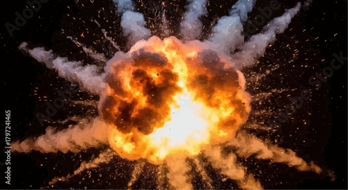 Fiery explosion with smoke and sparks against a dark background creating a dramatic scene effect