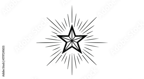 Isolated star with radiating lines in black and white design on a plain white background image