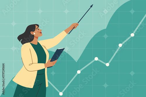 Professional female analyst, whiteboard, charting stock market data, financial analysis, corporate presentation, using pointer, explaining rising trends.
