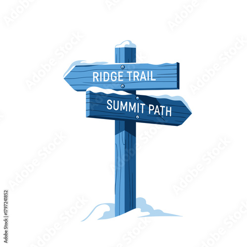 Simple wooden signpost marking winter mountain trails with snow copy space