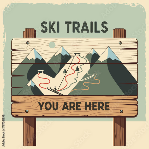 Vintage-style wooden ski trail map sign at a mountain pass with scenic view copy space