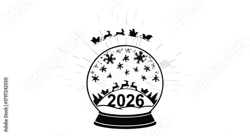 Snow globe illustration with santa's sleigh, reindeer, snowflakes and the year two thousand twenty six