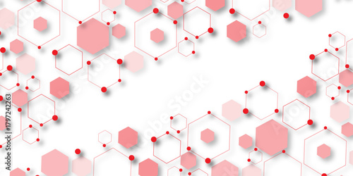 Abstract white background with red hexagons seamless pattern and geometric in vector design. Futuristic blue neon honeycombs. .Science network pattern, connecting lines and dots Medical background,