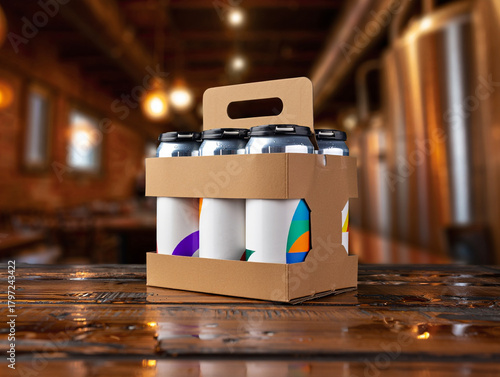 Six Pack Craft Beer Cans in Cardboard Carrier on Wet Wooden Bar Table with Blurry Microbrewery or Pub Interior Background