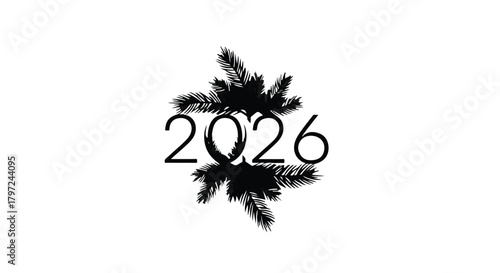 Year two thousand and twenty six with palm branches in black and white on a white background