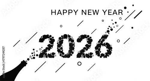 Happy new year celebration with champagne bottle and year number made of bubbles on white background