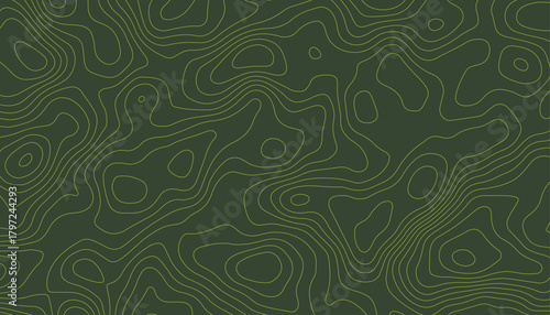 Abstract nature-themed design featuring subtle elevation map textures. Seamless pattern of earthy topographic map lines on a forest green surface.