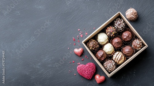 A box filled with assorted gourmet chocolates, including dark, milk, and white varieties, decorated with sprinkles and nuts, alongside red glitter hearts.