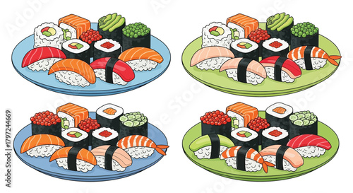 Assorted colorful sushi rolls and nigiri arranged on decorative plates
