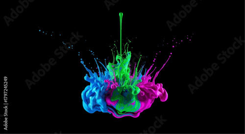 A vibrant explosion of blue green and pink paint colliding in a dynamic splash on black backdrop scene