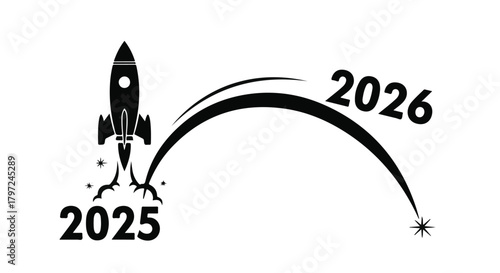 Rocket launching from year 2025 reaching towards year 2026 with a curved trajectory line