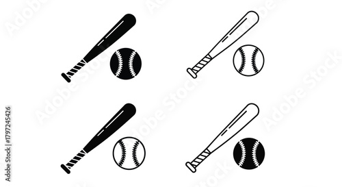 Black and white illustrations depicting baseball bats balls and equipment