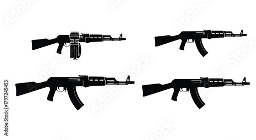Four black silhouettes of ak 47 style assault rifles displayed on white background